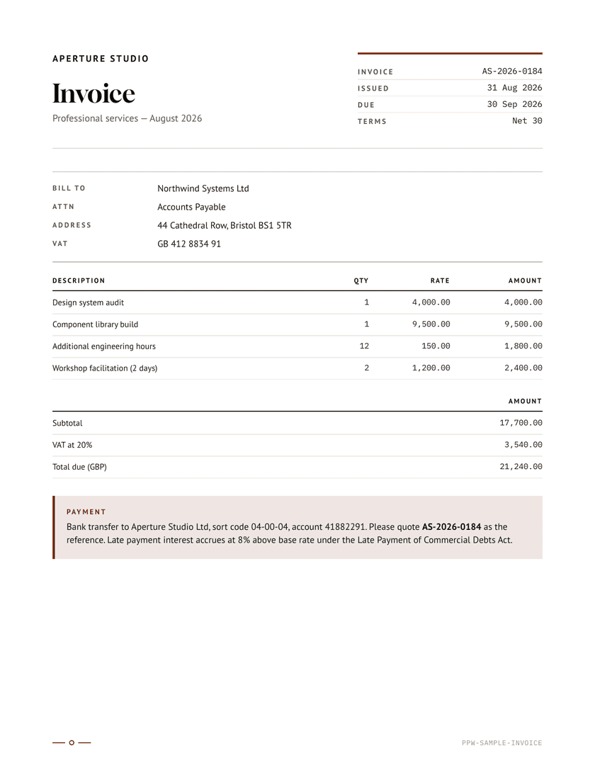 Page one of the Invoice sample
