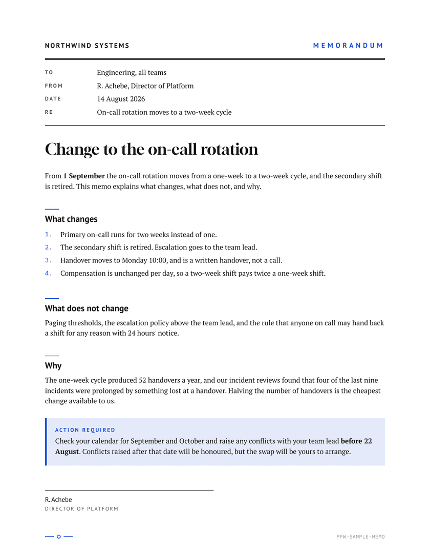 Page one of the Memo sample