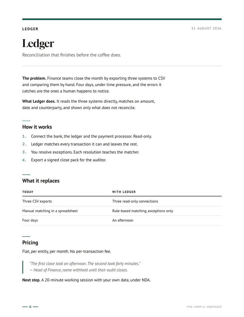 Page one of the One-pager sample